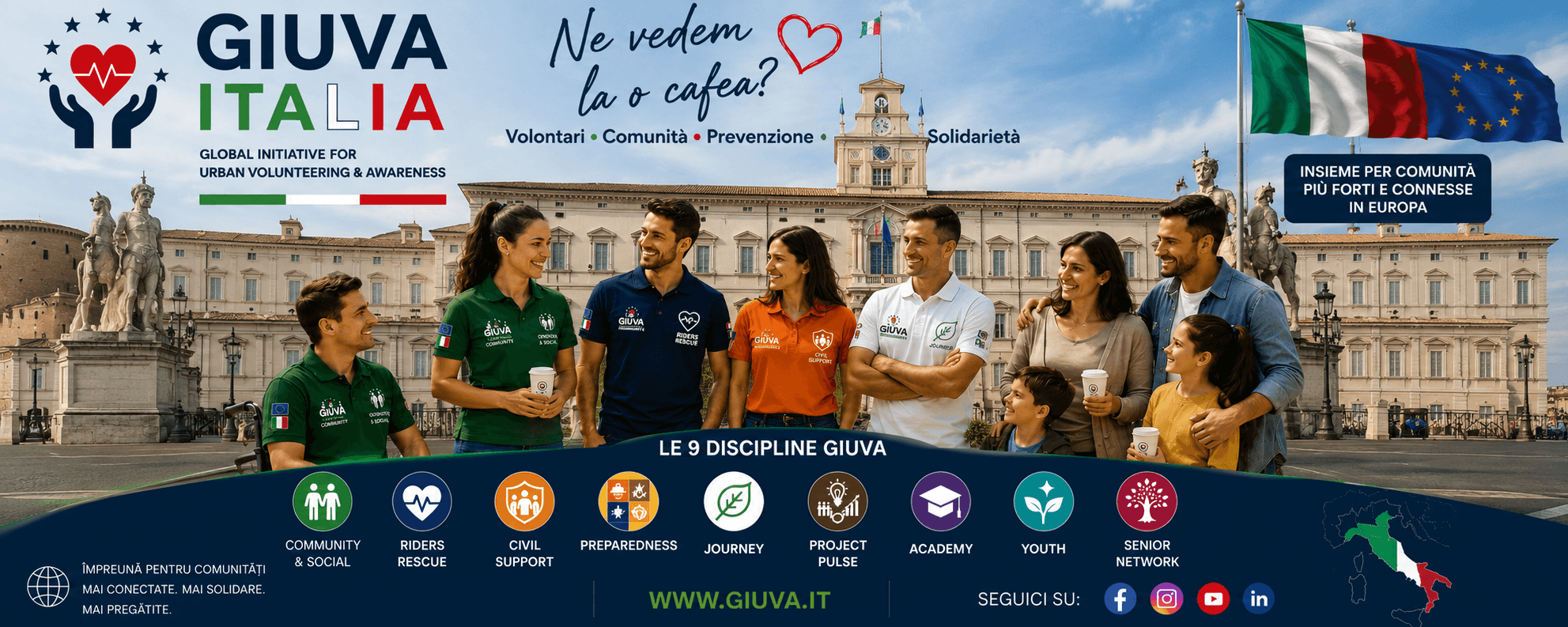 GIUVA Italia - Global Initiative for Urban Volunteering & Awareness, volontari e comunita davanti al Quirinale con bandiere Italia e Unione Europea